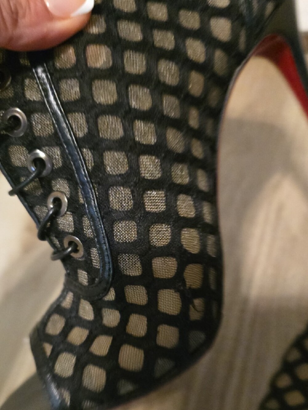 Christian Louboutin Black Mesh Lace-Up Peep-Toe 100 Heels Size (37-1/2) - Picture 14 of 15